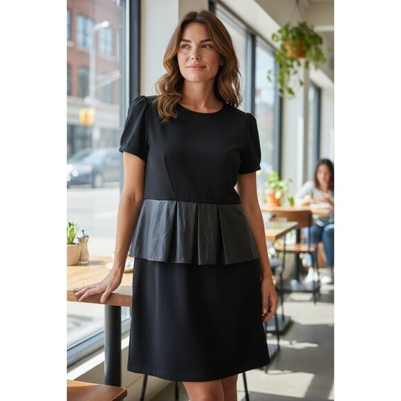 Black Ponte Knit Puff Sleeve Faux-Leather Peplum Dress Size 2X 18 20 Plus Sheath - Picture 1 of 8